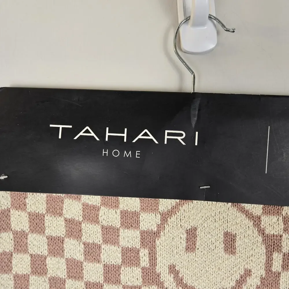 New Tahari 100% Knit Cotton Smiley Face Table Runner Pink Cream Checked 16x72